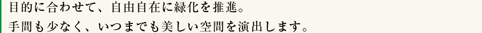 目的に合わせて、自由自在緑化を推進。手間も少なく、いつまでも美しい空間を演出します。